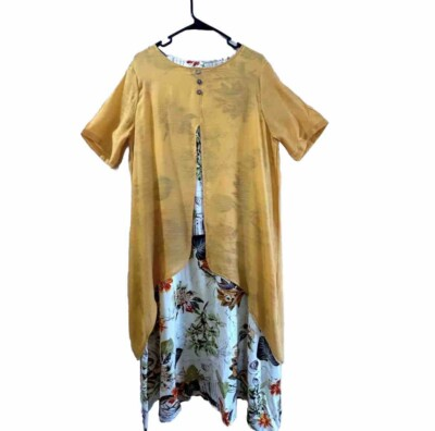 #ad Tropical Print Dress Women’s Size XXL Yellow Multicolor Floral Dress Boho Fairy $18.00