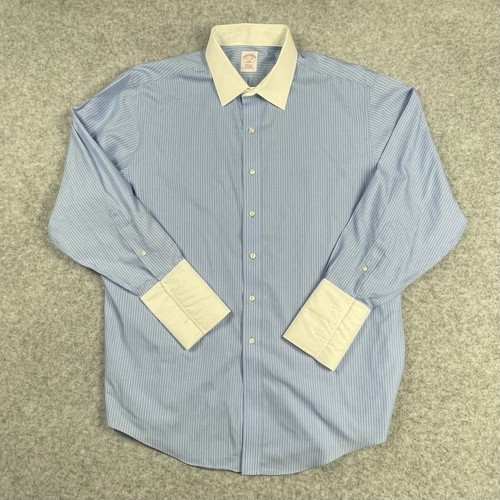 Brooks Brothers Red Fleece 346 Mens 17.5-34 Regular Fit Blue White Pin Stripes