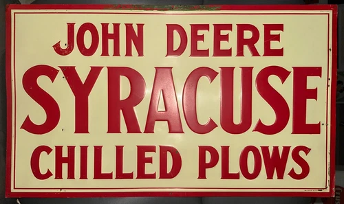 Vintage JOHN DEERE SYRACUSE CHILLED PLOW Tin Sign Original Embossed Farm Feed