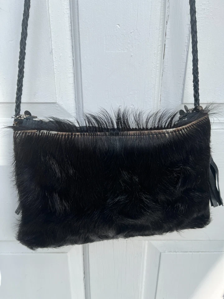 Vintage Anthropologie ibBAN Handmade Calf Hair Leather Beaded Flap Crossbody Bag - Image 4 of 4