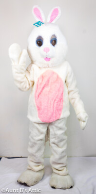 Easter Bunny Costume 6Pc White/Pink Faux Fur Jumpsuit Mitts Foot