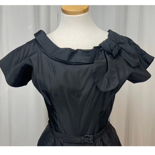 Vintage RAPPI 50s Black Taffeta Belted Cocktail Dress Womens (M) Gown Goth Midi - Picture 2 of 10
