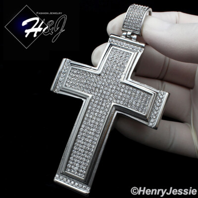18-40''MEN Stainless Steel 7mm Silver Box Link Chain BIG ICY CZ Cross Pendant*I20