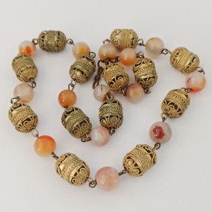 Authentic Antique Yemenite Necklace Agate Puffy Filigree Gold Plated Ethnic Boho VTG