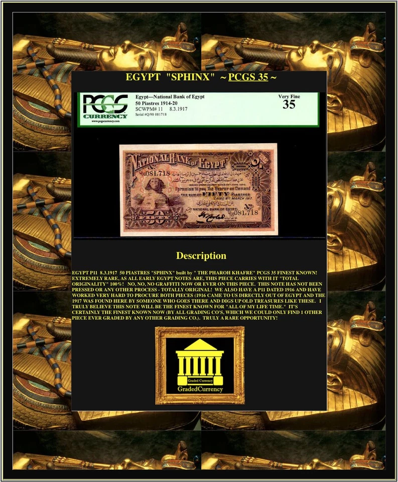 EGYPT P11 "SPHINX" 1917 50 PIASTRES "PHAROH KHAFRE" PCGS 35! EXTREMELY RARE! - Image 2 of 4