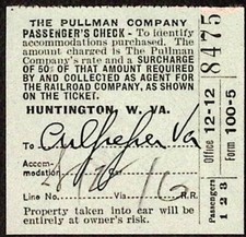 1927 Pullman Co Passenger Check Railroad Huntington WV to Culpeper VA