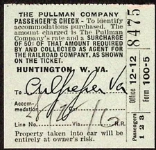 1927 Pullman Co Passenger Check Railroad Huntington WV to Culpeper VA