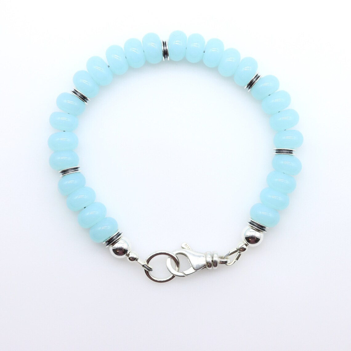 8mm Soft Baby Blue Aquamarine Rondelle Beaded Gemstone Stacking Artisan Bracelet