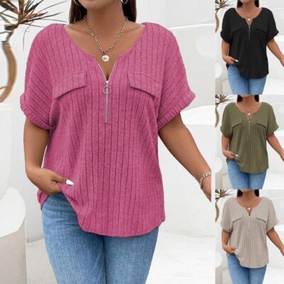 Plus Size Womens Ribbed V Neck Tunic Tops Tee Short Sleeve T Shirt ...