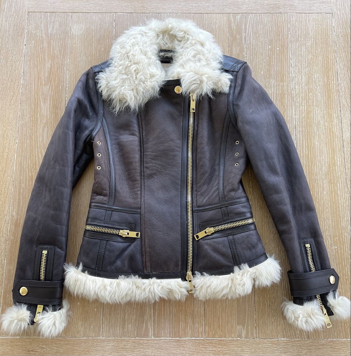 Burberry Brit Brown Shearling Lined Motorcycle Black Leather Burberry Brit Brown Shearling Lined Motorcycle Black Leather