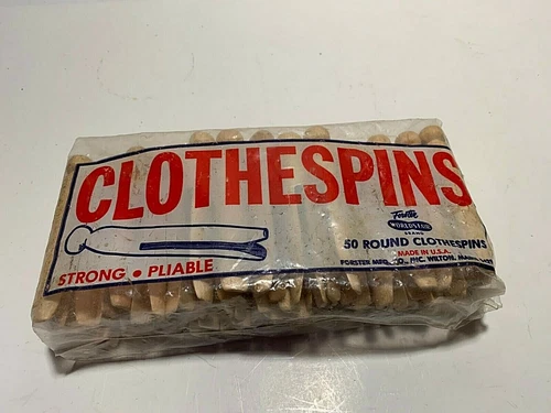 VTG Forster Worlds Fair Round Slotted Wooden Clothes Pins 50 IN ORIGINAL PACKAGE