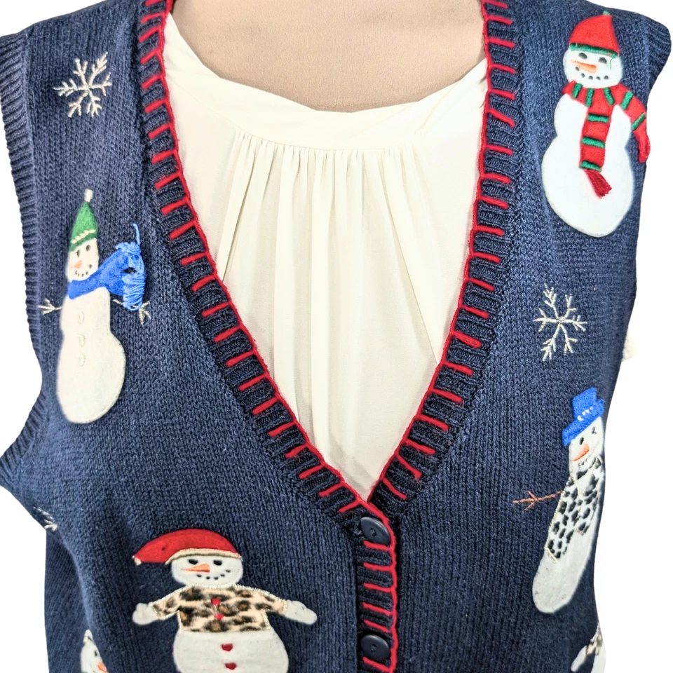 Para mujeres 1X Muñeco de Nieve Azul Marino Navidad Vacaciones Mezcla de Algodón Suéter Chaleco Foto 4 de 4