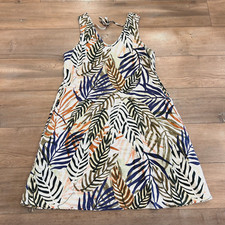 Tahari 100% Linen Dress Women's Size XS V Neck Palm Leaf Print Pockets Mini
