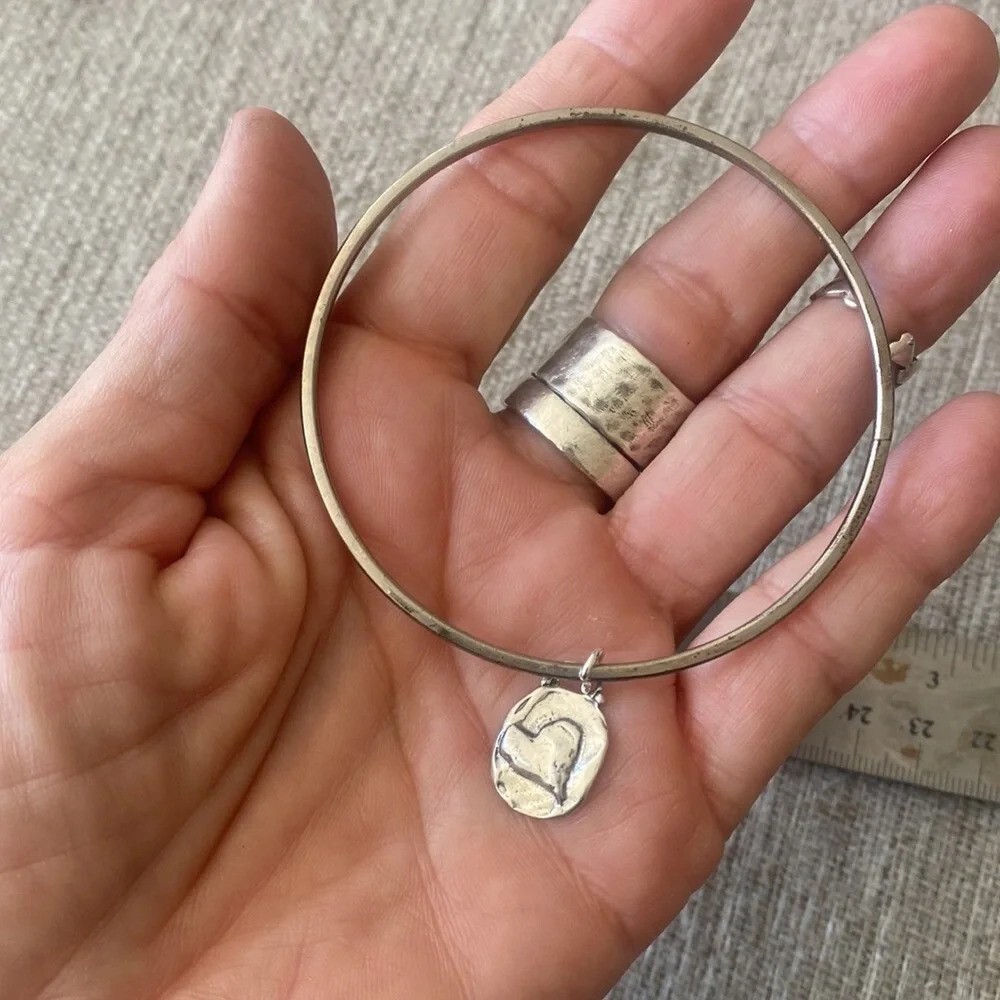 Rustic sterling silver bangle with heart charm - image 8