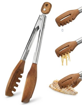 3-in-1 Kitchen Tongs & Pasta Server   12 Inch Walnut Multifunction Tongs with...