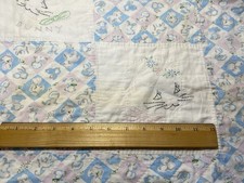 Vintage Hand Sewn Baby Crib Quilt with Embroidered Animals 44x52 Pink Blue