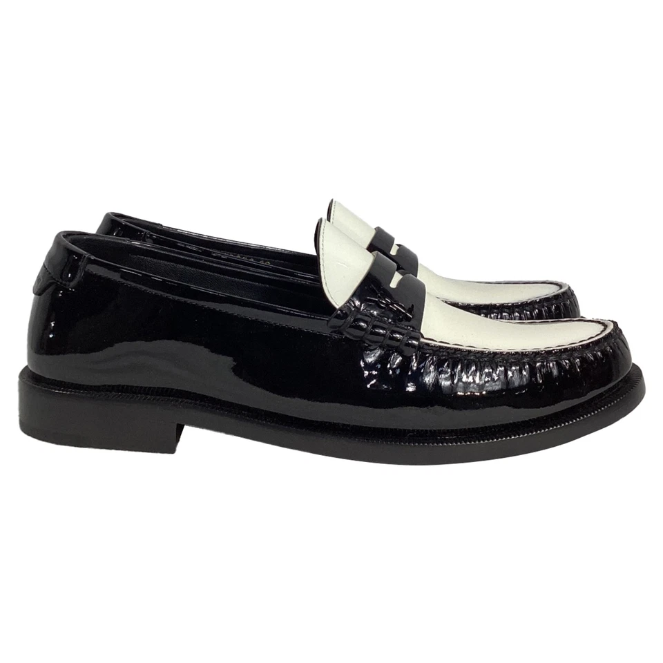Sapato Mocassim Feminino Saint Laurent Le Couro Patente Branco Preto Tamanho 39
