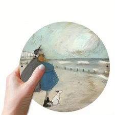 1pc Sam-Toft Vintage Coastal Woman & Dog Beach Scene Painting - Round Aluminum