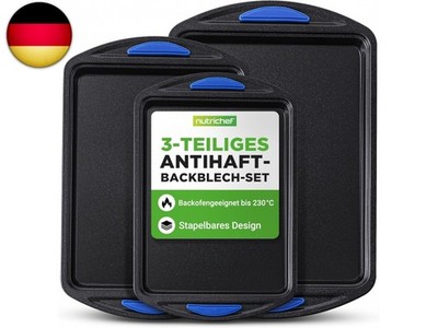 NutriChef Backblech Set 3-teilig   Antihaft Ofenbleche Blau mit Silikongriffen, 