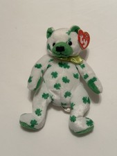 Ty Beanie Babies Clover Bear Plush White with Green Clovers Shamrock 2001