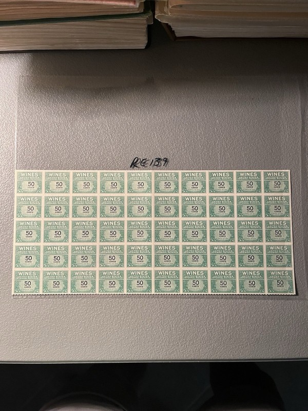 Scott RE139 Wines Revenue 50 Cents Full Sheet Of 50 MNH NG