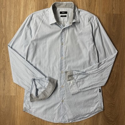 BOSS Hugo Boss Pinstripe Hemd M Slim Fit Hellblau Gestreift Kontrastmanschette