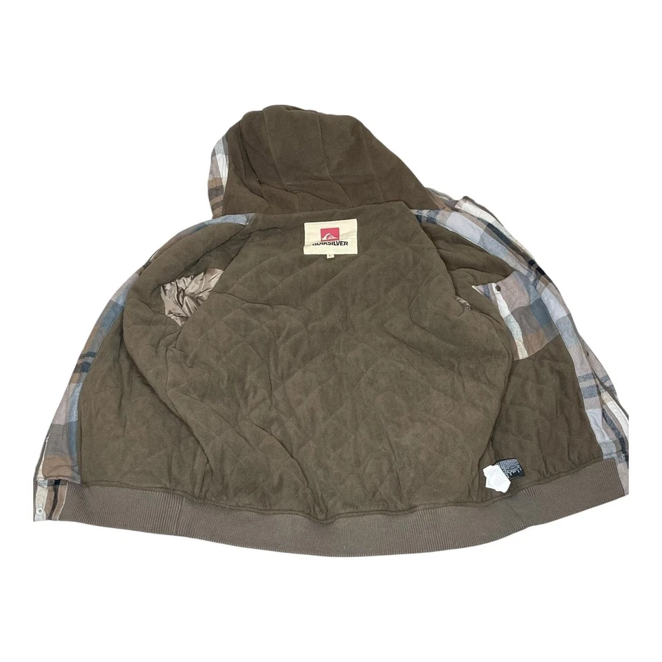 Chaqueta Quiksilver Para Hombre Grande Marrón Gris A Cuadros Con Capucha Acolchada Forrada Franela Cremallera Foto 3 de 4