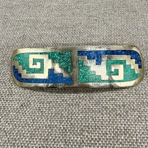 Vintage Salsa Designs Hair Clip Mexico Silver Tone Turquoise Mosaic Inlay