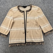 Ming Wang Women Knit Jacket Blazer Beige Collarless Open Front Size M