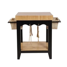 Linon Kolton Butcher Block Kitchen Island 2 Baskets in Black/Natural Wood