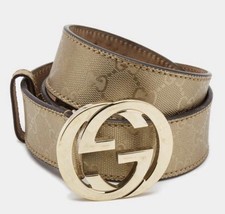 Auth Gucci Monogram Canvas Leather Gold Interlocking G Buckle Belt 100/36