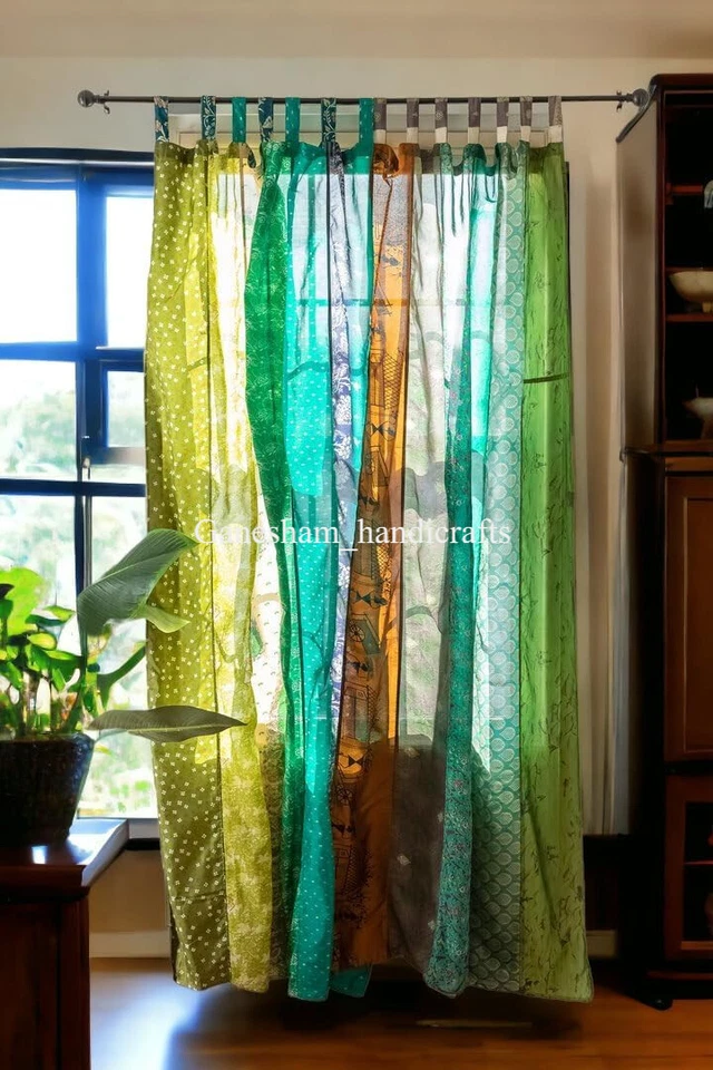 Cortinas de puerta cortina boho decoración ventana color verde sari seda vintage indio Foto 2 de 4