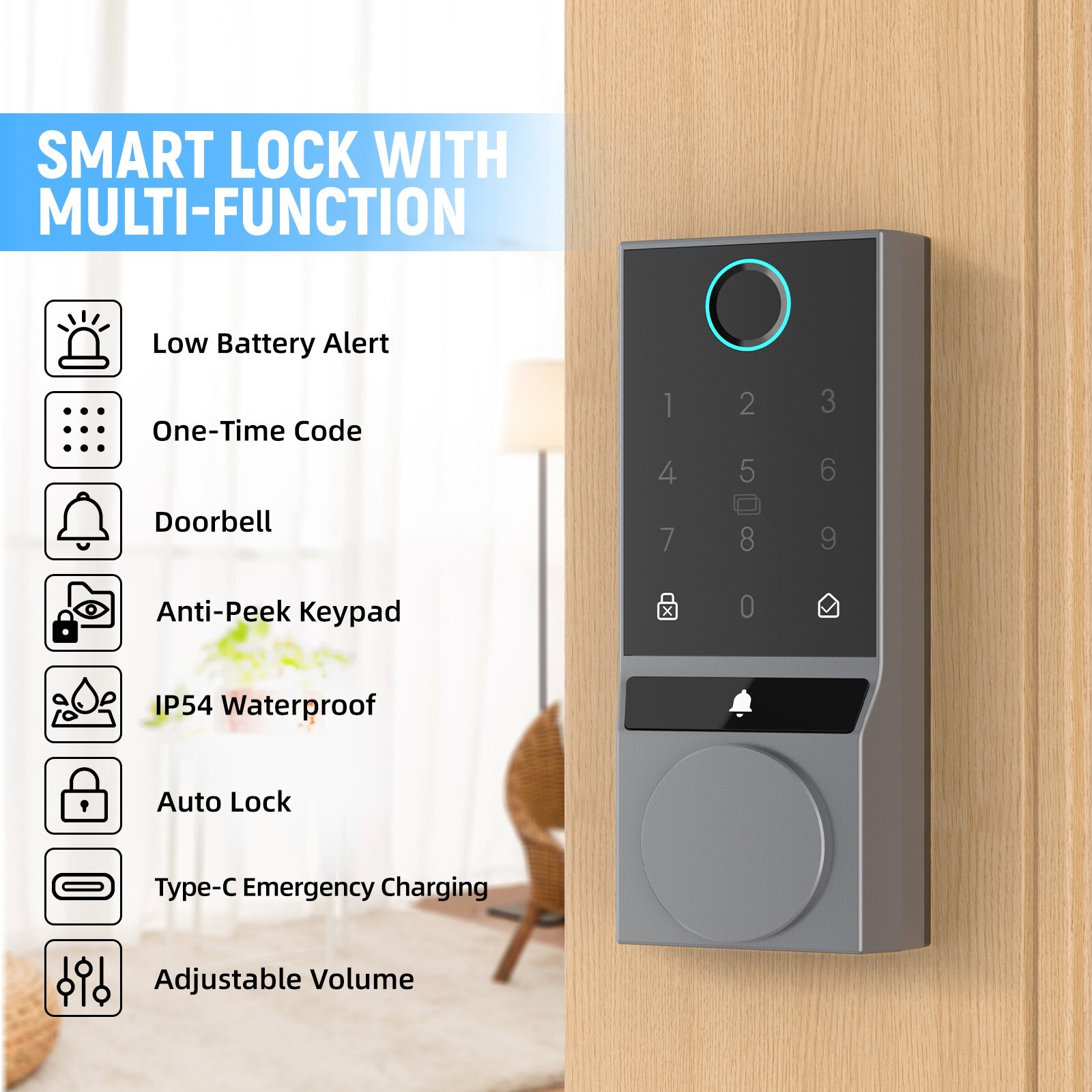 Smart Fingerprint Door Lock with App Control & Built-In Doorbell  