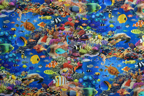 Tropical Fish, Coral Reef Digital Print Fabric - Quality Upholstery 100% Cotton  - Zdjęcie 1 z 2