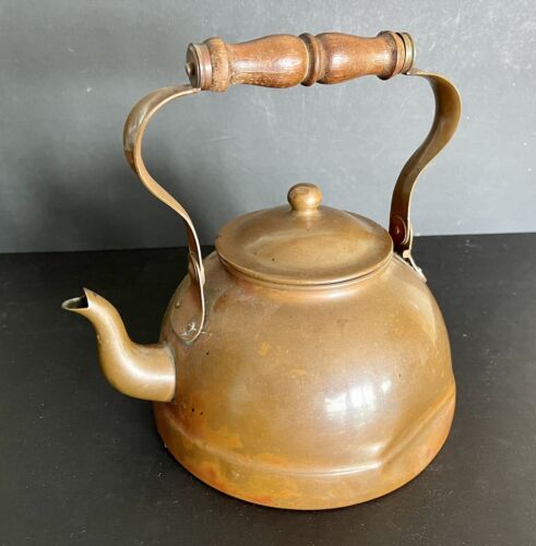 Antique Solid Copper Tea Kettle Pot With Wooden Handle ~ Primitive Farmhouse