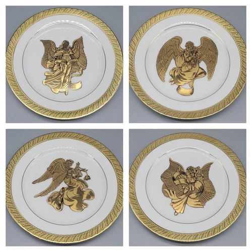 Set Of 4 Centurion Collection 9414 Pure Gold & White Plates Christmas Angels