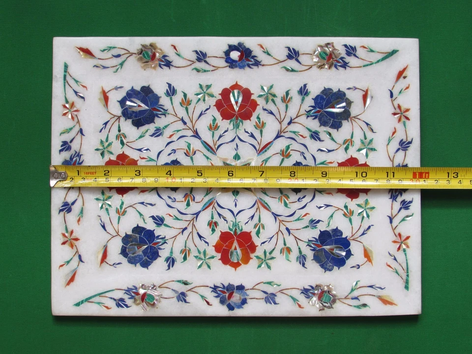 Bandeja de mármol decorativa mogol incrustación arte gres hecha a mano Foto 3 de 4