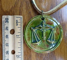 Vintage Ceramic Glazed Pendent Zodiac Libra Leather Cord Necklace Puerto Rico