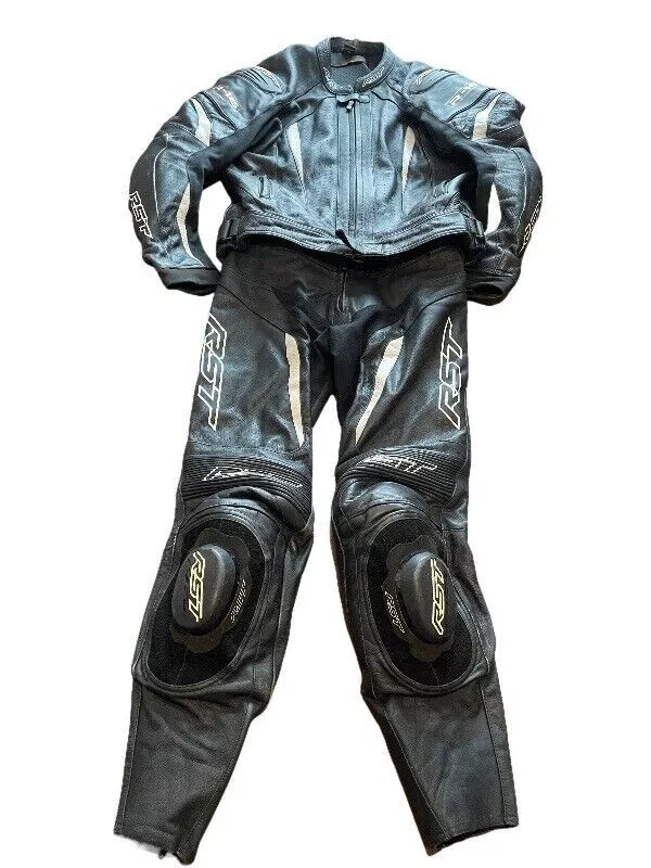 RST R 16 BLACK LEATHER ARMOURED MOTORBIKE SUIT JACKET SIZE 44 TWO PIECE