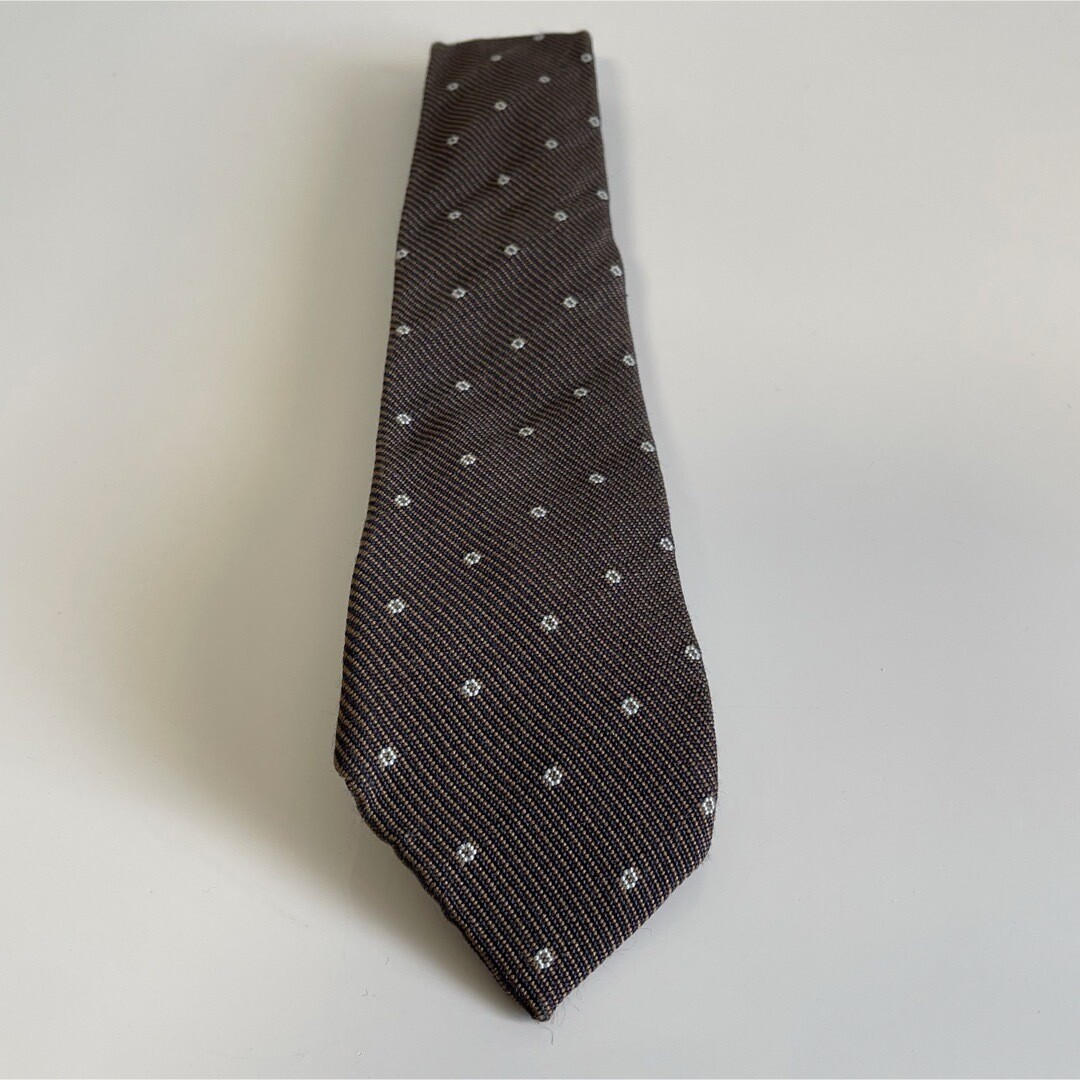 PRADA Mens Necktie Tie Brown White dots 50% SILK 50 WOOL