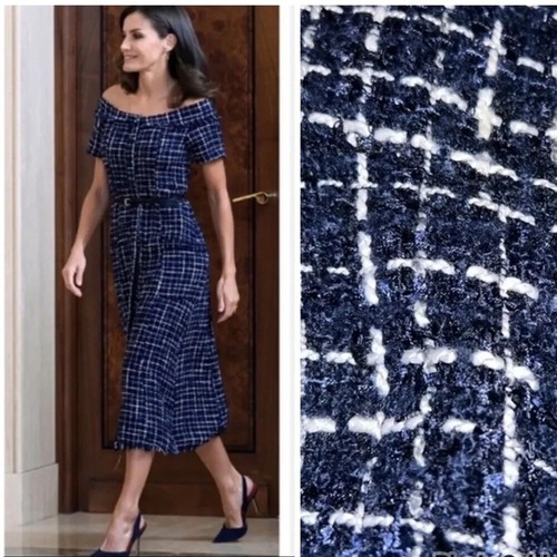 Zara Navy Blue White Tweed Textured Boucle Gem Button Midi dress Queen Letizia S - Picture 9 of 14