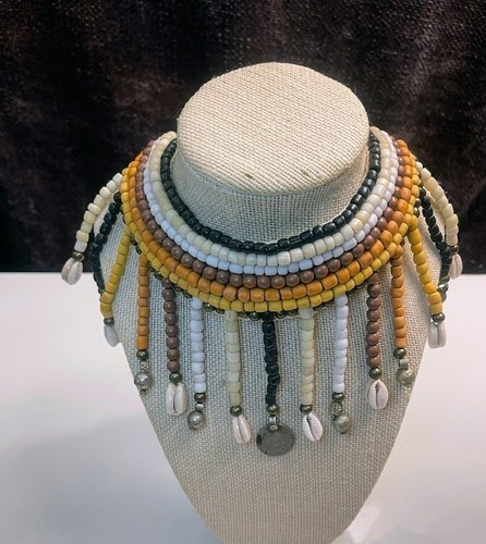 Tribal choker necklace cowrie India coin 24 in hand made African? beaded Boho - Picture 3 of 4