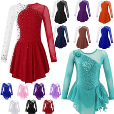 Girls Long Sleeve Dress Figure Ice Skating Performance Costume Shinny Leotard