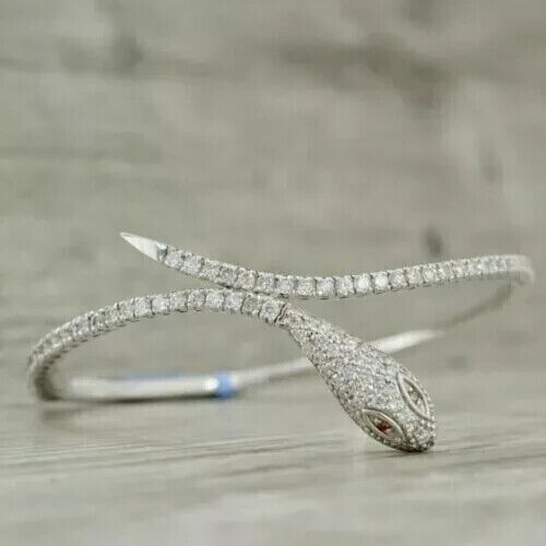 Lab Created Round Diamond Women's Snake Bangle Bracelet 14K White Gold Plated 7" - Picture 1 of 5