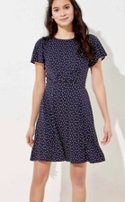 NWT Ann Taylor LOFT Navy Polka Dot Jersey Knit Flutter Slv Fit Flare Dress Sz 4