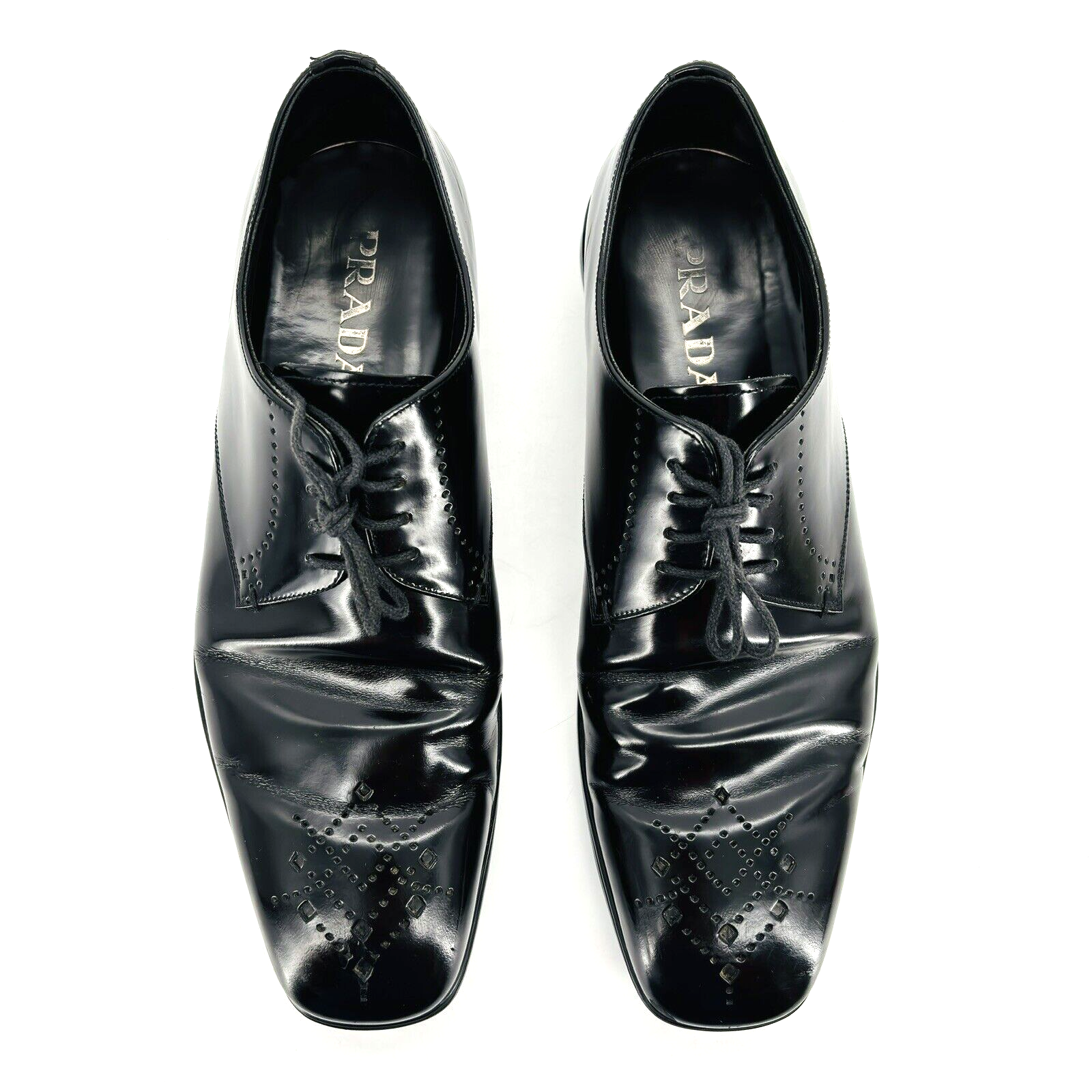 SAOLA Scarpa elegante uomo 9 2E larga (Prada taglia 8) punta a cappuccio derby pizzo nero vernice pelle