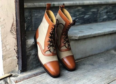 Handmade Men's Beige Brown Leather Suede Cap Toe Lace Up Boots, Men Ankle Boots