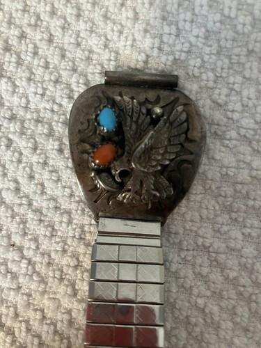 Sterling Silver Turquoise & Coral Watch Tips Southwest Design Navajo - Picture 3 of 7