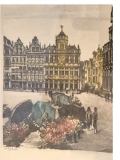 Vintage Colour Etching of Brussels ~Masion du Roi, by Roger Hebbelinck  118/350