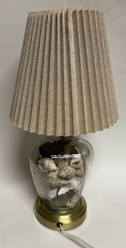 Vintage Seashell Filled Glass Lamp Beach Decor Beige Shade Pleated 16” - Picture 4 of 14